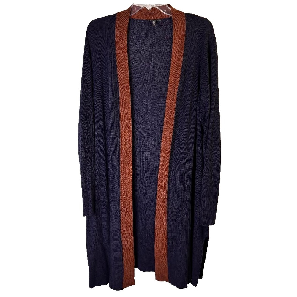 Eileen Fisher XL Navy Rust Colorblock Longlineβ Open Cardigan Tencel Silk Long